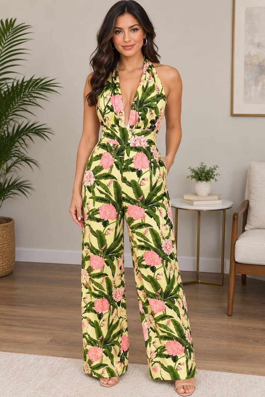 Agua bendita for Target Tropical Floral Print Halter Jumpsuit Wide Leg Deep V-Ne